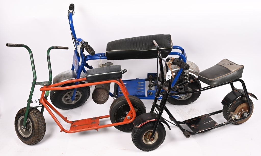 3- VINTAGE MINI BIKE ROLLING FRAMES: Lot of vintage Mini Bike Rolling Frames. AS-IS This is not a standard shippable item and will require 3rd party shipping or pickup arrangements to be made.