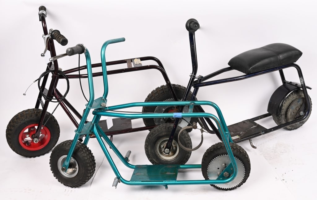 3- VINTAGE MINI BIKE ROLLING FRAMES: Lot of vintage Mini Bike Rolling Frames. AS-IS This is not a standard shippable item and will require 3rd party shipping or pickup arrangements to be made.