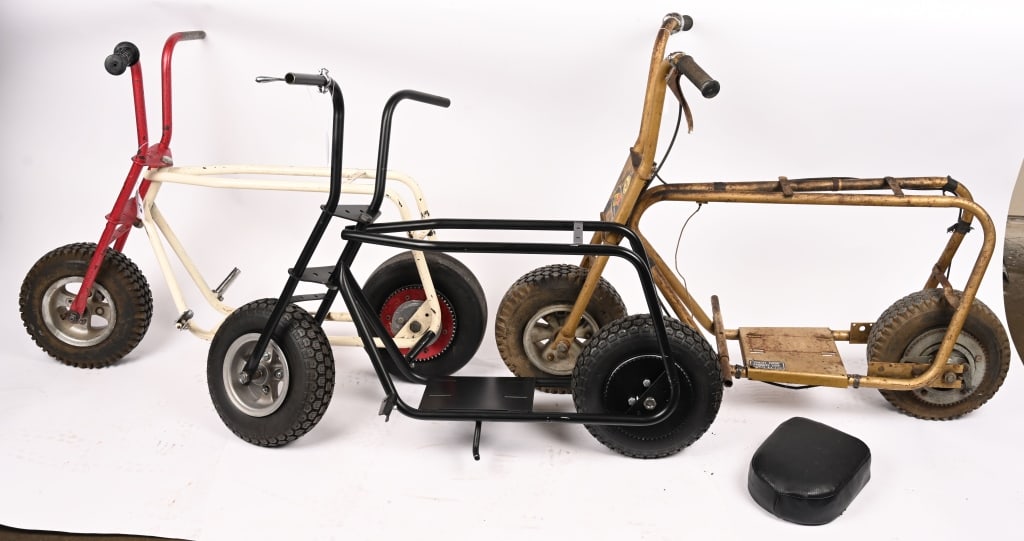 3- VINTAGE MINI BIKE ROLLING FRAMES: Lot of vintage Mini Bike Rolling Frames. AS-IS This is not a standard shippable item and will require 3rd party shipping or pickup arrangements to be made.