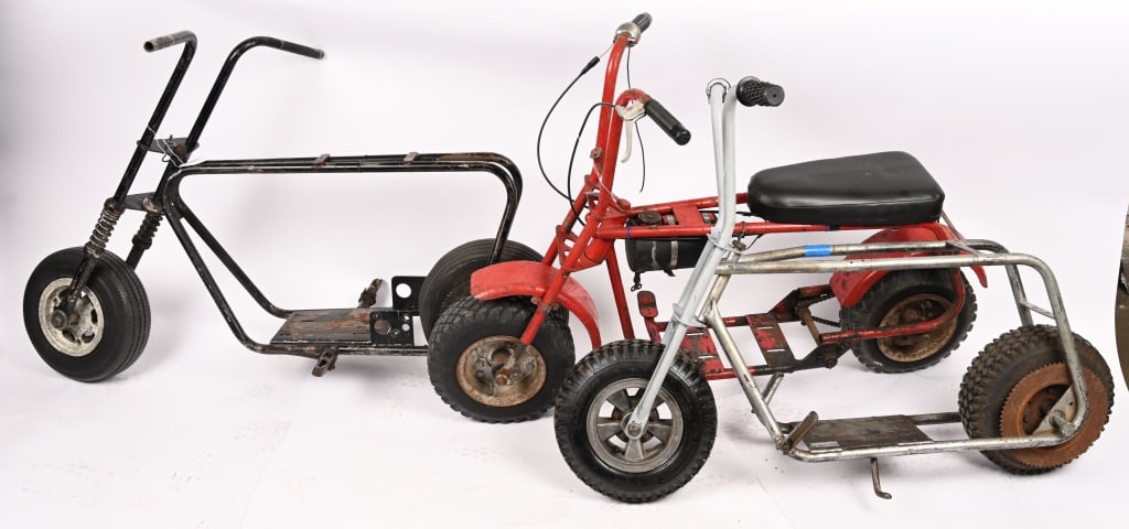 3- VINTAGE MINI BIKE ROLLING FRAMES: Lot of vintage Mini Bike Rolling Frames. AS-IS This is not a standard shippable item and will require 3rd party shipping or pickup arrangements to be made.