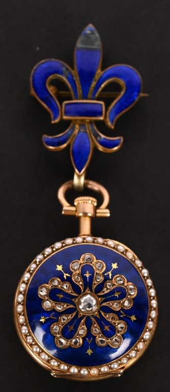 FANCY CLIP ON 18K WATCH, w/ DIAMOND & PEARLS: Wonderful clip on watch about size 13/0S. Has a18k gold case that is blue enameled, and is adorned with 26 rose cut diamonds. There are pearls around the case and bezel. Case and dust cover are