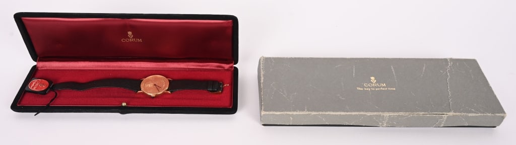 CORUM $20 DOUBLE EAGLE GOLD COIN MENS WATCH: Corum 1904 $20 Double eagle Gold Coin Mens Watch. 35mm 18k Gold Case with 22k Gold Coin Dial. Original leather strap with gold clasp. Very Limited Edition. Wonderful condition with Box and Hang Tag.