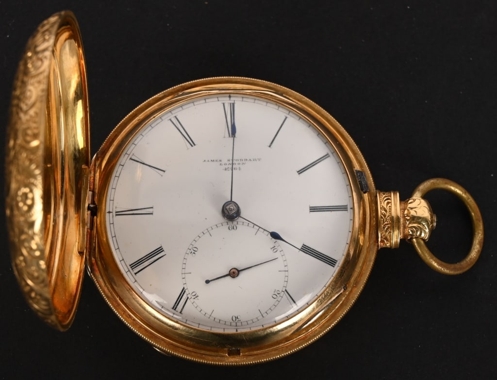 18K JAMES STODDART 18S COLUMBIAN EXPOSITION WATCH: Beautiful 18K Columbian Exposition hunter case with James Stoddard of London key wind works. The case is very detailed with etched Exposition buildings on both sides. The case is marked R&B, Eagle ove