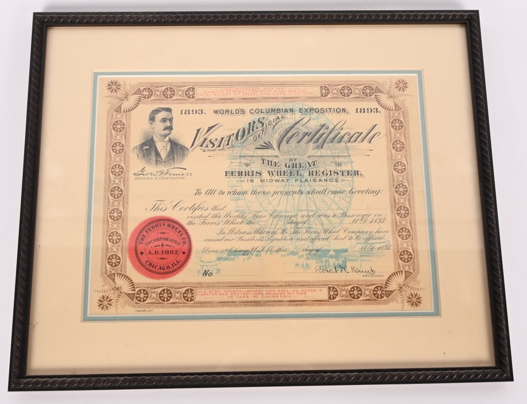 COLMBIAN EXPO FERRIS WHEEL VISITORS CERTIFICATE (1 of 5)