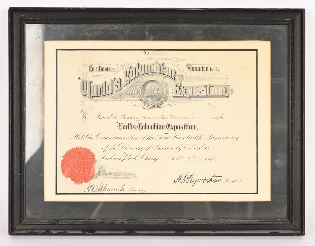 1893 COLUMBIAN EXPOSITION VISITORS CERTIFICATE (1 of 5)