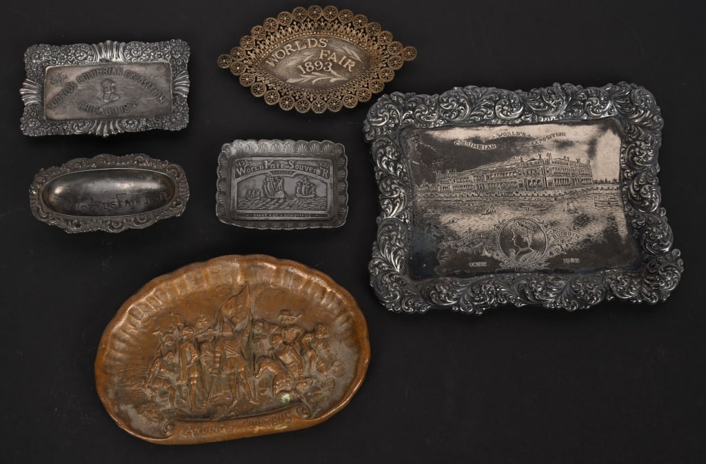 6 COLUMBIAN EXPOSITION SOUVENIR TRAYS: Lot of 6 different Columbian Exposition Souvenir Trays. All in great shape. Largest 7 1/2" Excellent