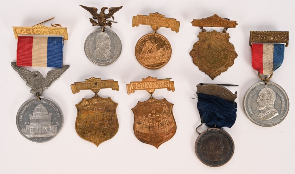 COLUMBIAN EXPOSITION SOUVENIR BADGES: Great lot of Columbian Exposition Souvenir Badges. Some rare examples. Excellent