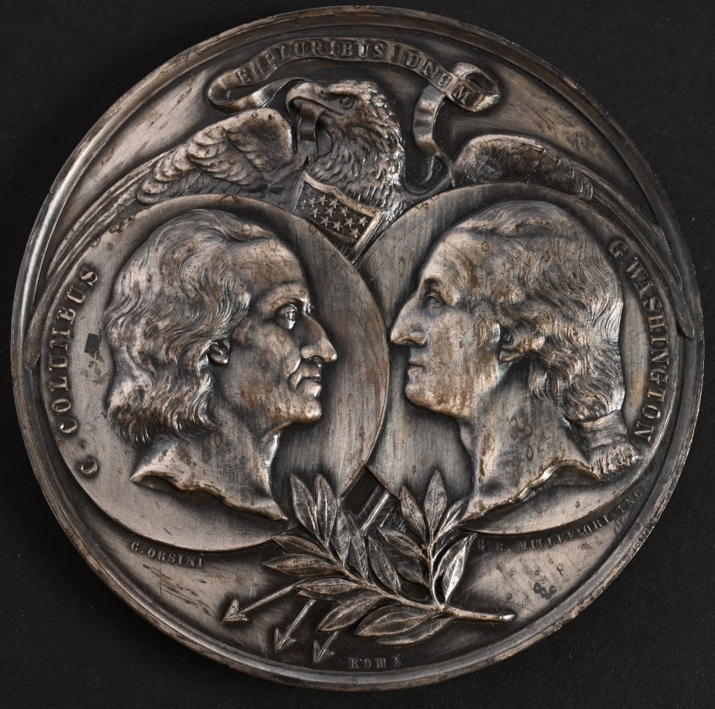 1892 COLUMBIAN EXPO STERLING MEDAL EGLIT-102a: 1892 Columbian Exposition Italian Washington and Columbus Medal in Sterling Silver. Eglit-102a. 91mm. 283.5 grams. Very Rare. Wonderful condition ready for grading. Similar example sold for $2750