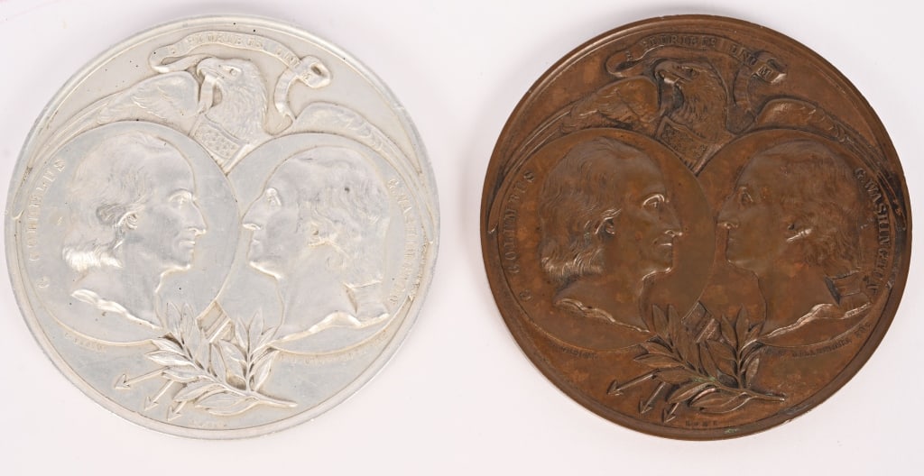 2- 1892 COLUMBIAN EXPO STERLING MEDAL EGLIT-102: 2- 1892 Columbian Exposition Italian Washington and Columbus Medals. One in Copper other Aluminum. Eglit-102. 91mm. Very Rare. Wonderful condition ready for grading.