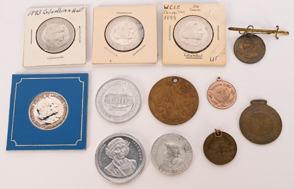12 COLUMBIAN EXPOSITION MEDAL & COINS: Great lot of 12 Columbian Exposition Medals and Coins. Some set in Jewelry.