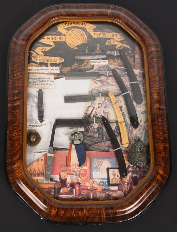 COLUMBIAN EXPOSITION RAZOR & MORE COLLAGE: Unique Columbian Exposition Collage with Straight Razors, Pocket Knife, Badge, Button, and More. All in old frame. 21"x15" Excellent