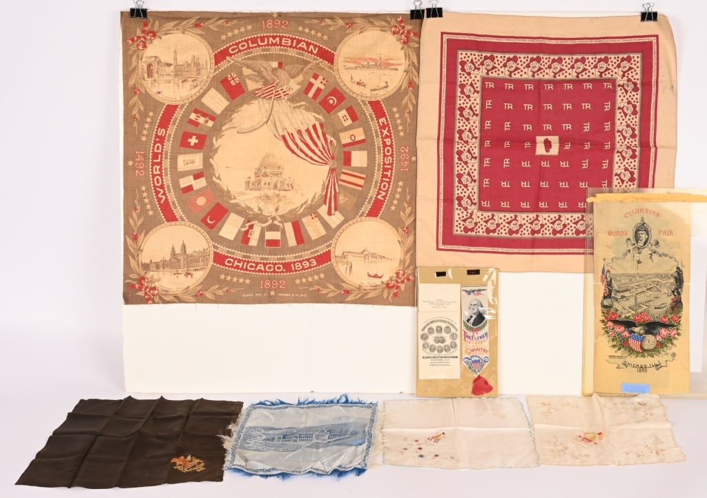COLUMBIAN EXPOSITION SILKS & HANKIES: Lot of Columbian Exposition Silks and Hankies. Excellent