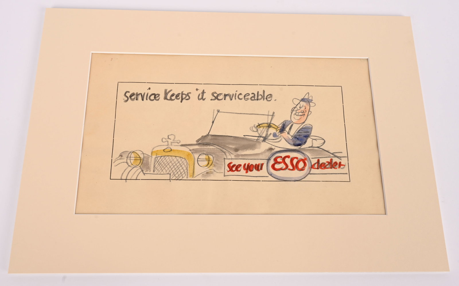 ORIGINAL ESSO ADVERTISING SKETCH: 1940's-50's Artist sketch for a Esso ink blotter advertisment. Pencil and marker on onio-skin paper. Not signed. Matted and ready for framing. 11 1/2" by 7". Excellent