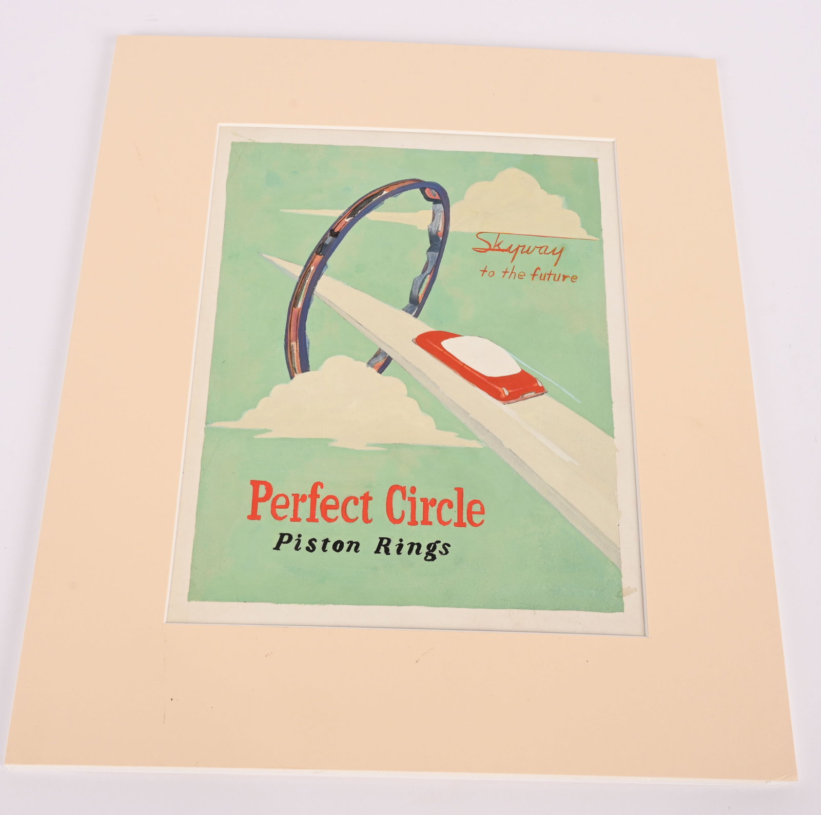 ORIGINAL PERFECT CIRCLE PISTON RINGS PAINTING: Original advertising artwork circa 1950's, depicting Perfect Circle Piston Rings "Skyway to the future" Nice details and colors. Not signed. 6 1/2" by 8 1/2". Matted and ready to frame. 300