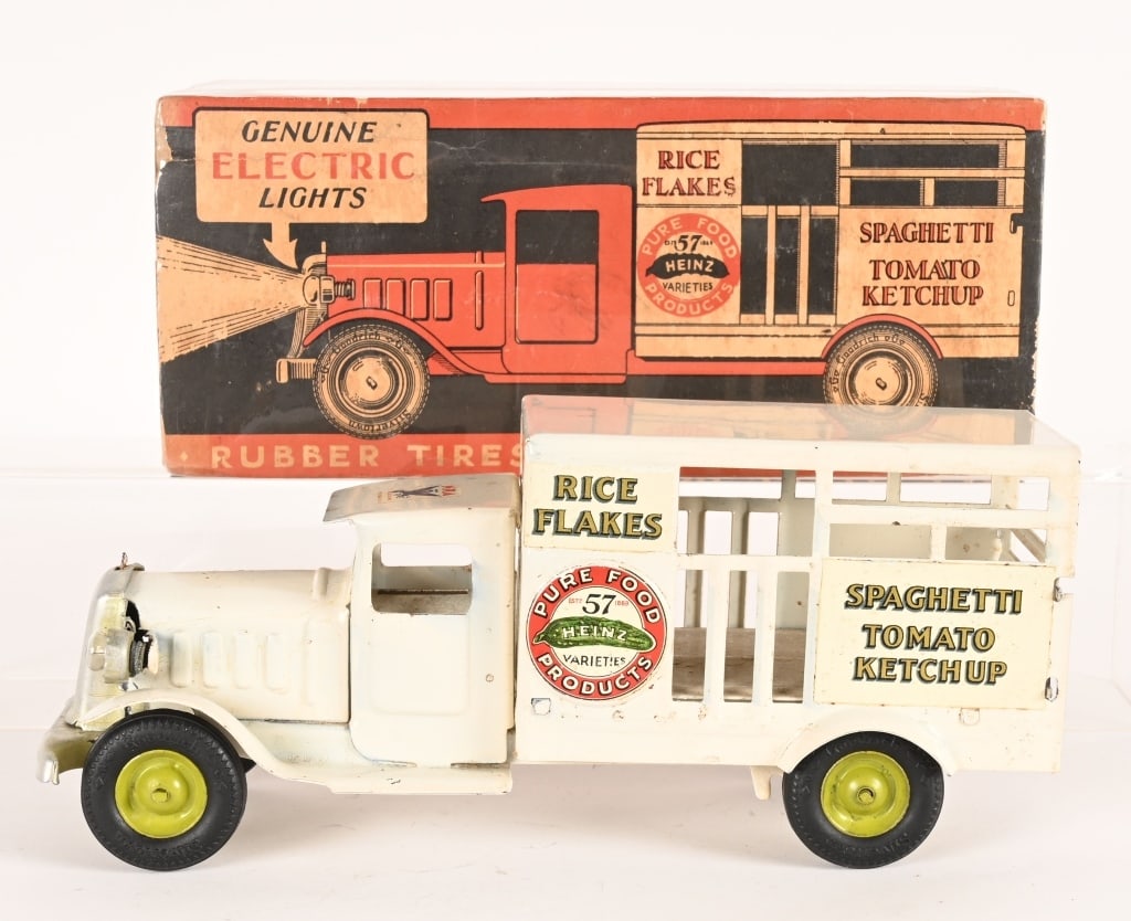 METALCRAFT HEINZ 57 PICKLE TRUCK w/ BOX: Metalcraft Heinz 57 Pickle Truck with Electric Headlights. Excellent original paint and decals. Comes with scarce original Box. 12" Excellent