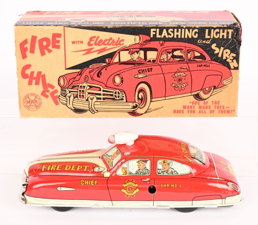 MARX TIN WINDUP FIRE CHIEF CAR w/ BOX: All original in great condition. Works. Boxed 11" Excellent