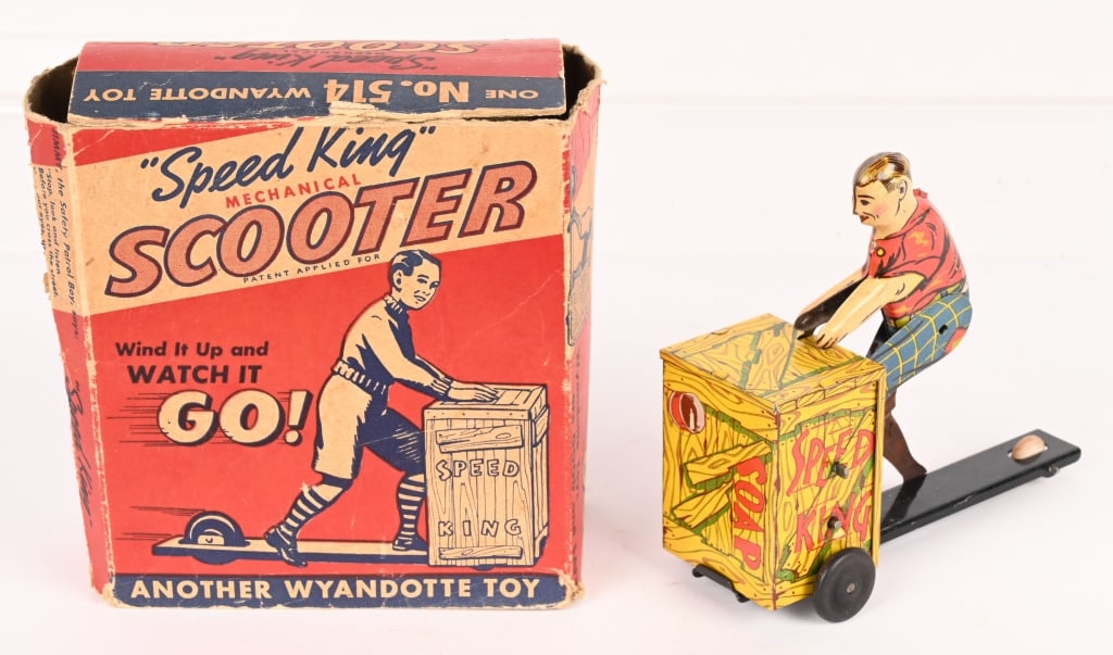 WYANDOTTE TIN WINDUP SPEED KING SCOOTER w/ BOX: All original in great shape. Windup works. Boxed 6 1/2" Excellent