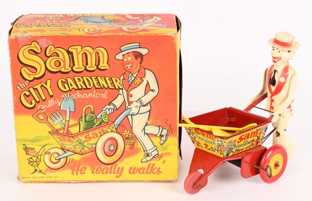 ENGLISH MARX WINDUP SAM THE CITY GARDNER w/ BOX: All original in great condition. Comes with tools. Windup works. Boxed 8 1/2" Excellent