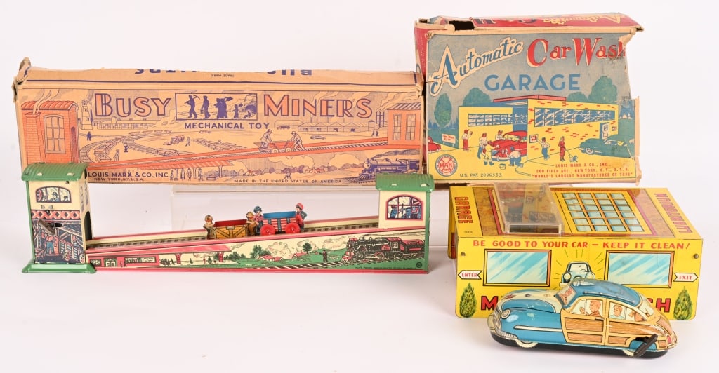 MARX CAR WASH & BUSY MINERS: Both all original in nice condition. Windup works. With Boxes.
