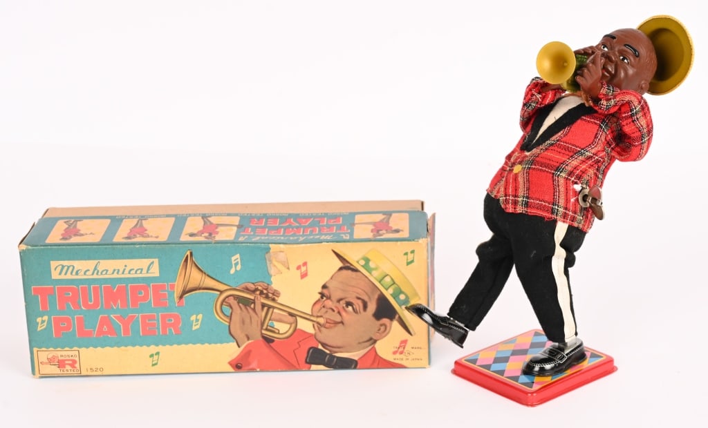 JAPAN WINDUP LOUIS ARMSTRONG TRUMPET PLAYER w/BOX: All original and looks never played with. Works. Boxed 10 1/2" Excellent