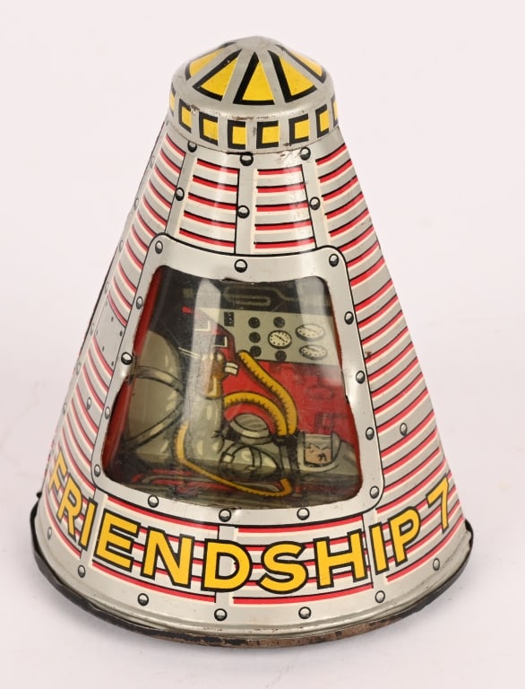 JAPAN TIN FRICTION FRIENDSHIP 7 SPACE CAPSULE: All original with nice details. Friction works. Has original price sticker. 4" Excellent