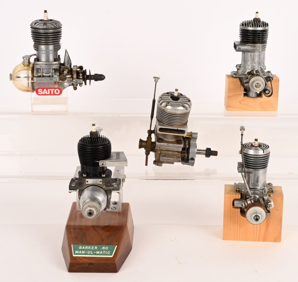 5- VINTAGE GAS MODEL ENGINES: Includes Barker Man-Ul-Matic, Cannon 300, Attwood, Anderson Spitfire, and Hornet. All in clean original condition. 5" Excellent