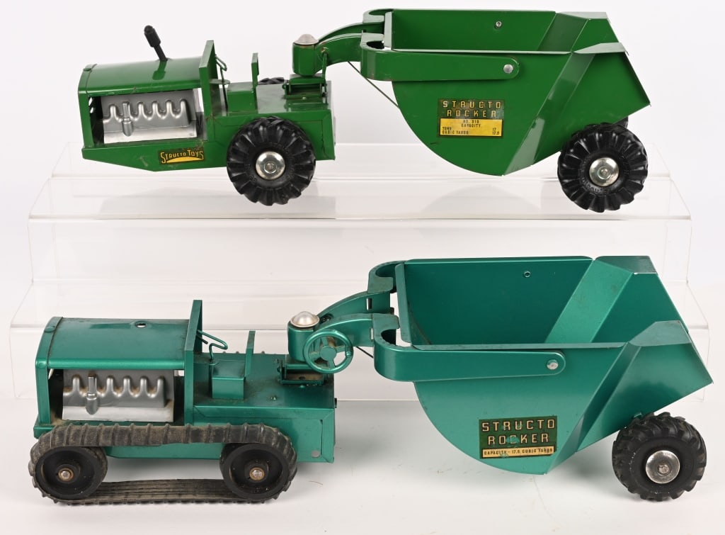 2- STRUCTO ROCKER TRUCKS: Both all original in nice shape. One missing smoke stack. 20" Excellent