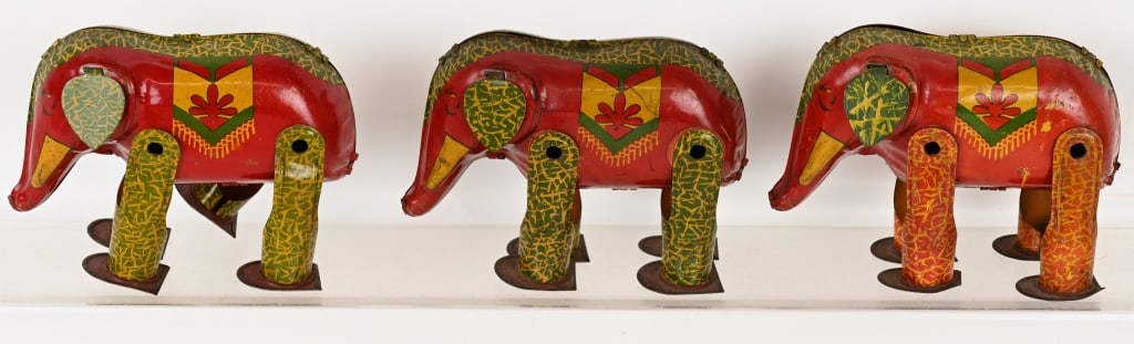3- LINDSTROM TIN WINDUP CIRCUS ELEPHANTS: Lot of 3 Circus Elephants. All worked when tested. 6" Very Good-Excellent