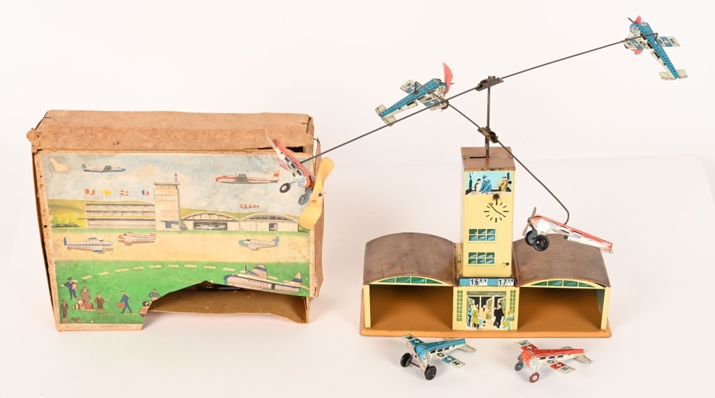 GERMAN TIN WINDUP AIRPORT HANGER & AIPLANES (1 of 8)