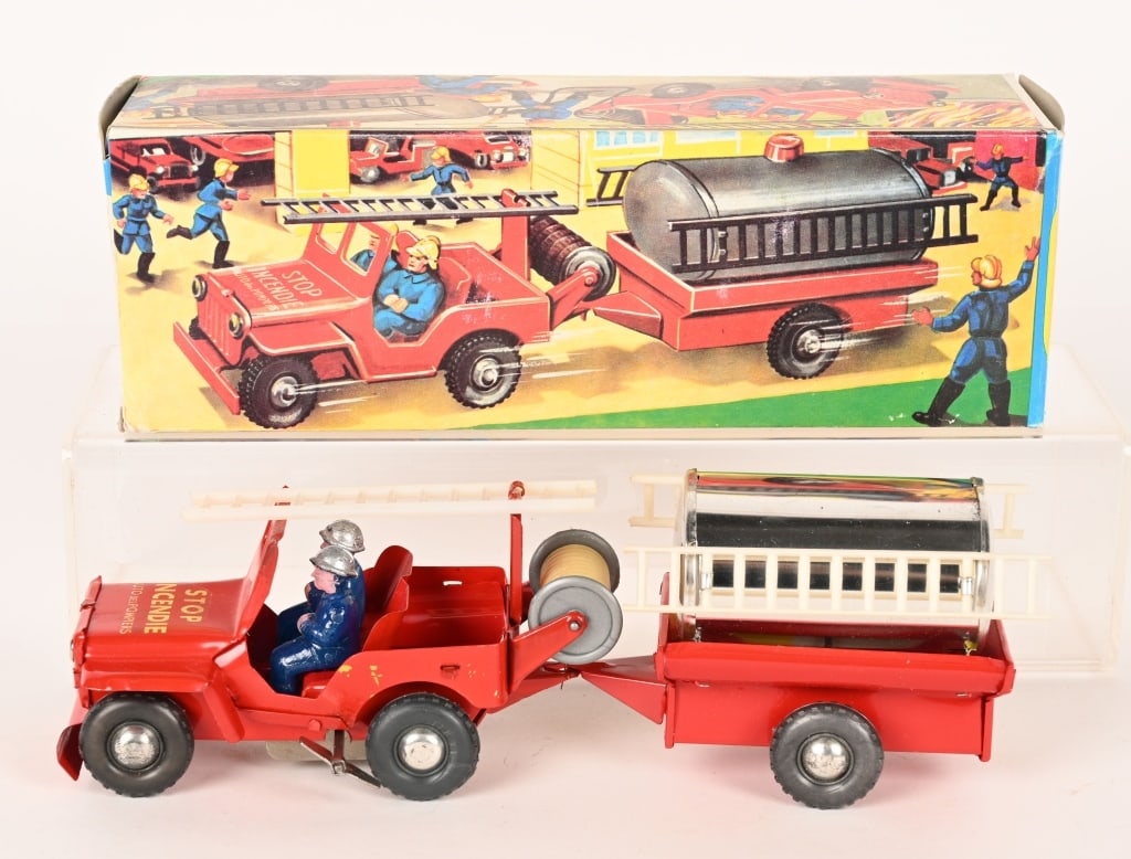 FRENCH TIN WINDUP FIRE JEEP & TRAILER w/ BOX: All original and looks never played with condition. Windup works. Boxed 11" Excellent