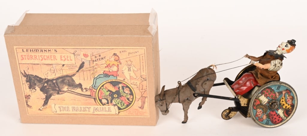 LEHMANN TIN WINDUP THE BALKY MULE: Early German toy. All original and works. With reproduction Box. 7 1/2" Very Good-Excellent
