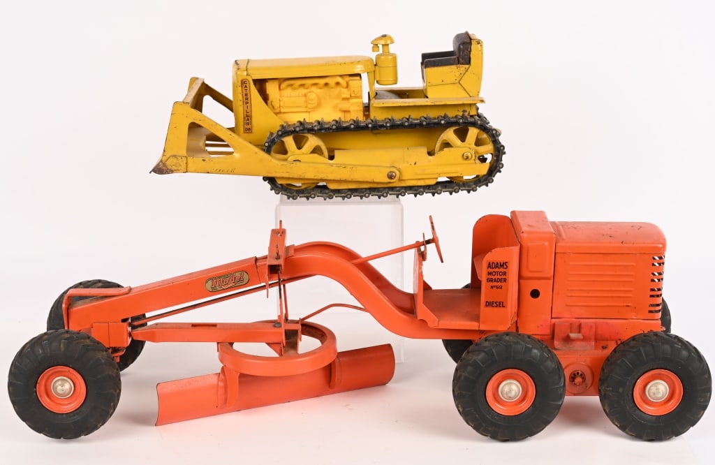 DOEPKE DOZER & ROAD GRADER: Includes Caterpillar Dozer missing rubber smoke stack and Adams Road Grader. Both original condition. Largest 25" Excellent