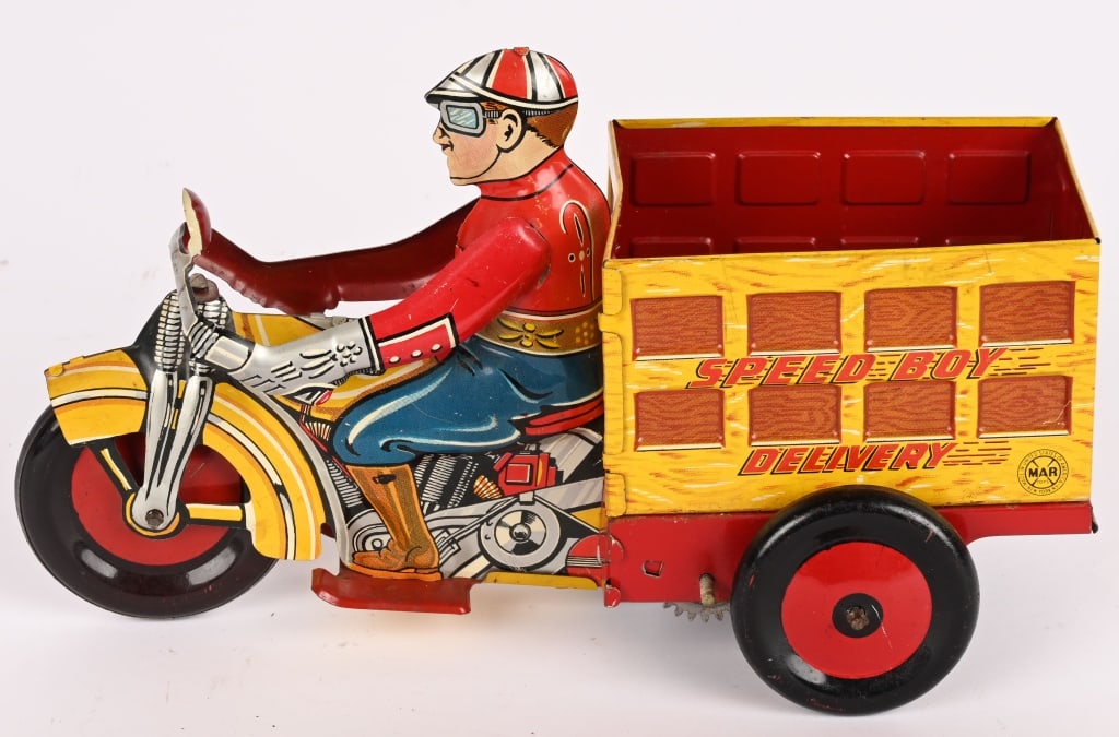 MARX TIN WINDUP SPEEDBOY DELIVERY MOTORCYCLE: Marx Speedboy delivery Motorcycle. Nice all original toy with bright colors. Windup works. 9 1/2" Excellent