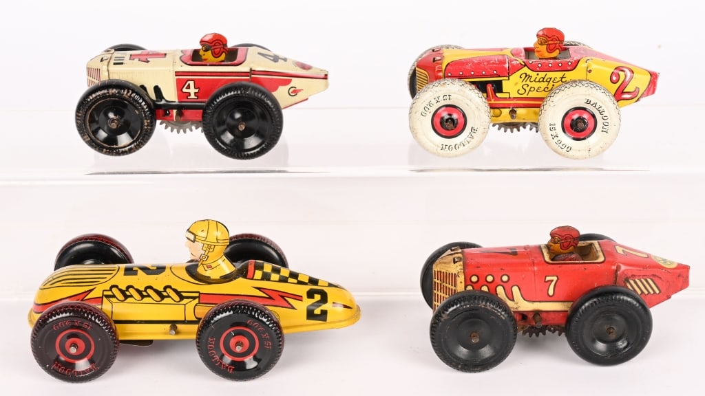 4- MARX TIN WINDUP RACE CARS: Lot includes: 1. 6 1/2" No. 2 Racer working. Makes a "motor sound" when operated. Excellent-Near Mint, 2. 5" No. 2 Midget Special racer working. Very Good-Excellent. 3. 5" No. 4 Racer working. Excelle