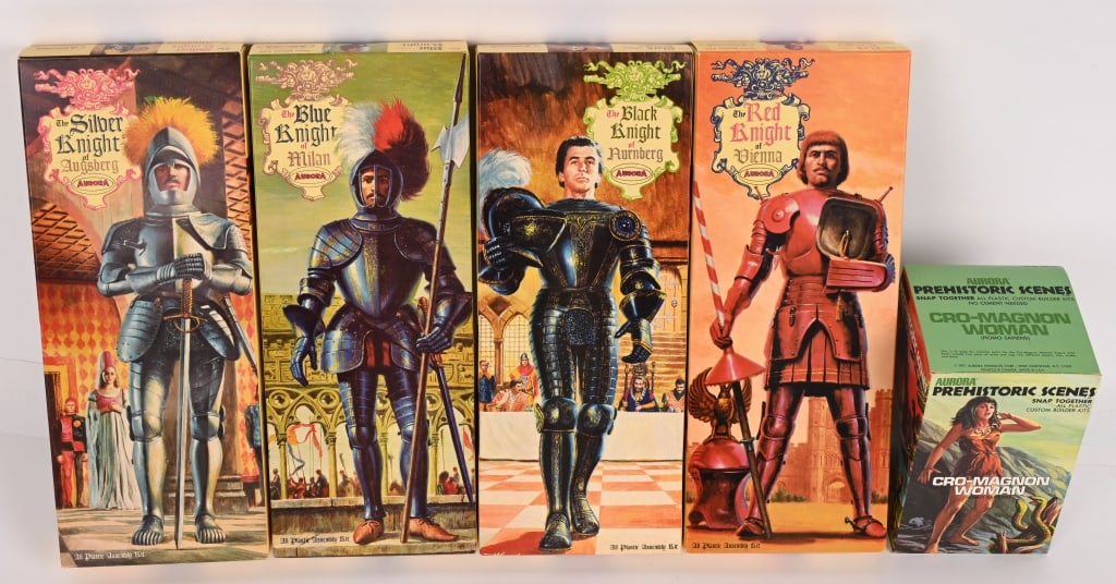 AURORA KNIGHTS & CRO-MAGNON WOMAN MODEL KITS: Includes Aurora Black Knight, Blue Knight, Red Knight, Silver Knight, and Prehistoric Cro-Magnon Woman Model Kits. All never assembled in Boxes. 13" Excellent