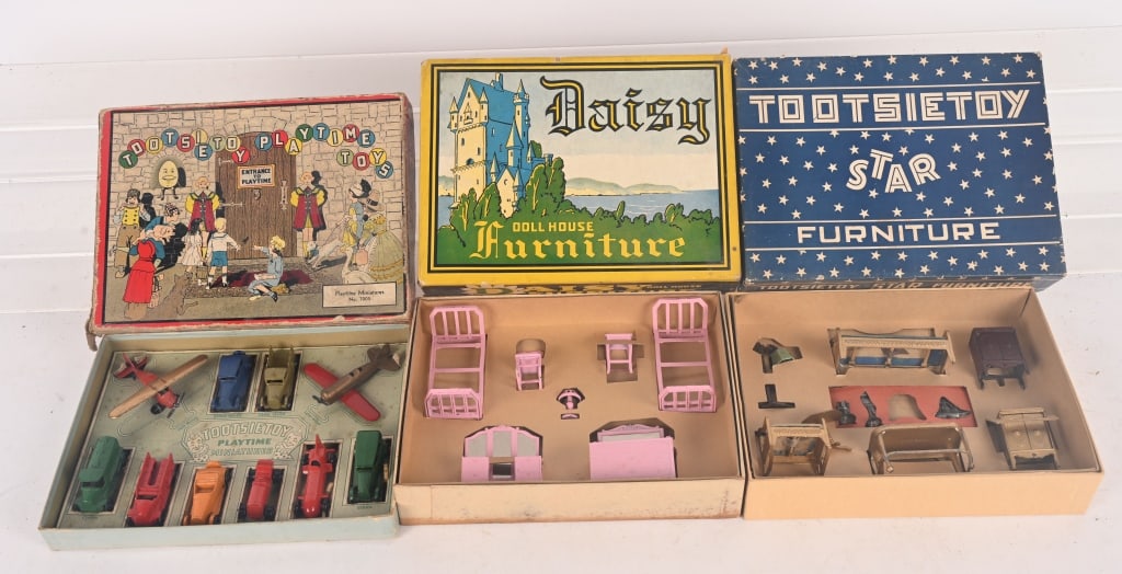 TOOTSIE TOY VEHICLE & FURNITURE SETS w/ BOX: Includes 7005 Playtime Miniatures, Tootsietoy Star Furniture, and Daisy Doll House Furniture. All in great shape Boxed 10" Excellent