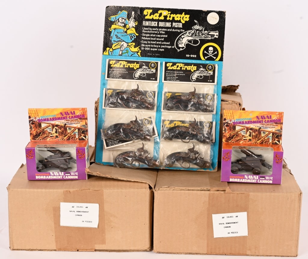70- EDGE MARK NAVEL CANNONS MIB & MORE: 3- Cases of 70 total Vavel Cannons. Plus Card of 6 LaPirata Pistols. Excellent