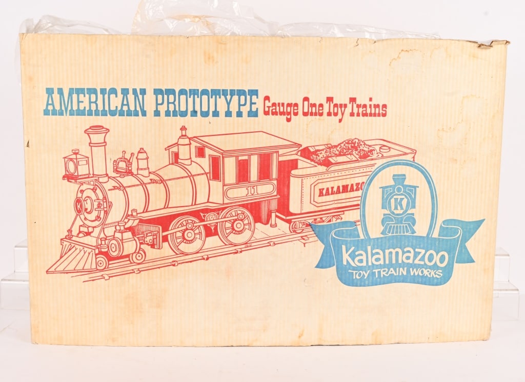 KALAMAZOO DENVER & RIO GRANDE TRAIN SET: Includes G gauge Locomotive and Tender with Baggage and Passenger Cars. Never played with in Box with Accessories. 37" Excellent