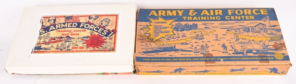 2- MARX MILITARY TRAINING CENTER PLAY SETS: Includes Army & Air Force Training Center with Box and US Armed Forces Training Center and Nike Base Play Set. Both look mostly complete. 28" AS-IS