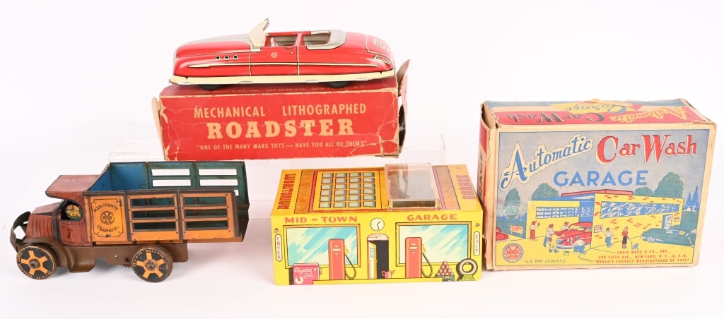 3- MARX TRANSPORTATION TOYS: Includes Mechanical Roadster with Box, Mack Merchants Transfer Truck, and Car Wash with Box. Original condition. AS-IS