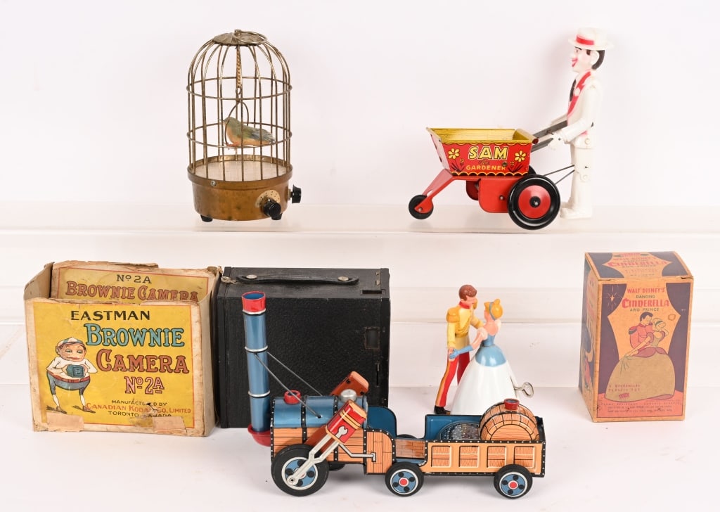 LOT OF VINTAGE TOYS: Includes Marx Sam the Gardener, Irwin Cinderella with Box, Brownie camera with Box, Birdcage, and More. AS-IS