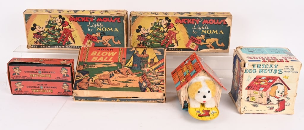 LOT OF VINTAGE TOYS: Includes Mickey Mouse Noam Lights with Box, Popeye Lights with Box, Indian Blow Ball with Box, and More. Conditions vary. AS-IS
