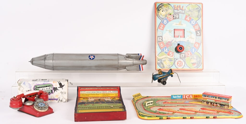 LOT OF VINTAGE TOYS: Includes Football Game, Animal target Game, Race car Track, Blimp, and more. Conditions vary. Largest 20" AS-IS