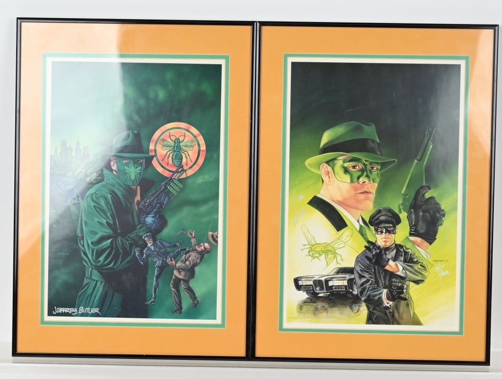 2- GREEN HORNET PRINTS "VAN WILLIAMS SIGNED": includes print by Dorman dated 1989 signed by the Artist and Van Williams in silver marker. Plus print by Jeffery Butler signed in silver marker. Both professionally framed. 20"x14" Excellent