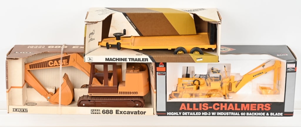 DIECAST CONSTUCTION TOYS: Includes Ertl 1:16 scale Case 688 Excavator and Machine Trailer. Plus Allis Chalmers HD-3 Industrial 60 Backhoe & Blade. All new in Boxes