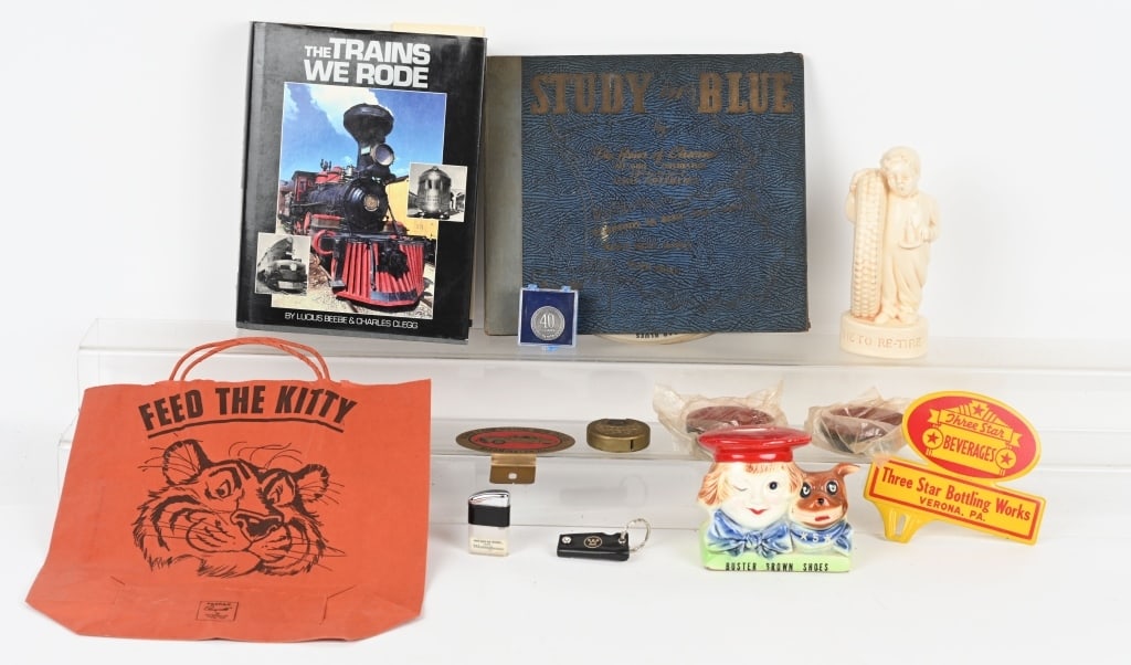 LOT OF ADVERTISING & MORE: Includes Fisk Tire Bank, Buster Brown Bank, Three Star Bottling plate Topper, Westing House Items, Records, Book, and More AS-IS