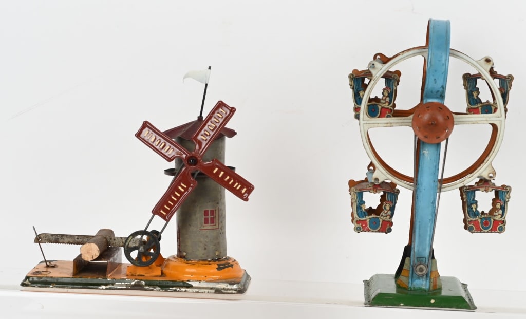 GERMAN STEAM TOY FERRIS WHEEL & LOG SAW: Both all original in nice condition. Largest 9" Excellent