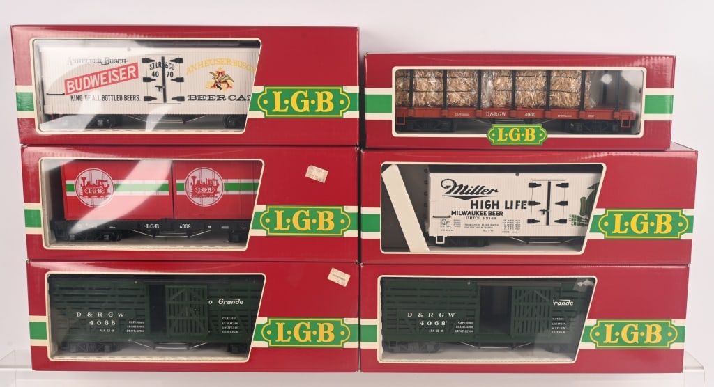 6-LEHMAN LGB FREIGHT TRAIN CARS w/ BOXES: All appear unused in the original boxes. Excellent
