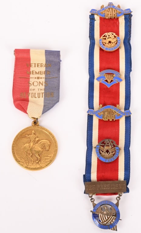 SONS OF THE REVOLUTION & GAR SOCIETY MEDAL LOT: Lot of two society medals to include 1) GAR ExSenior State President Medal with five hanger devices 2) Veteran Member Sons of the Revolution with George Washingtom to its center.The Grand Army of the 