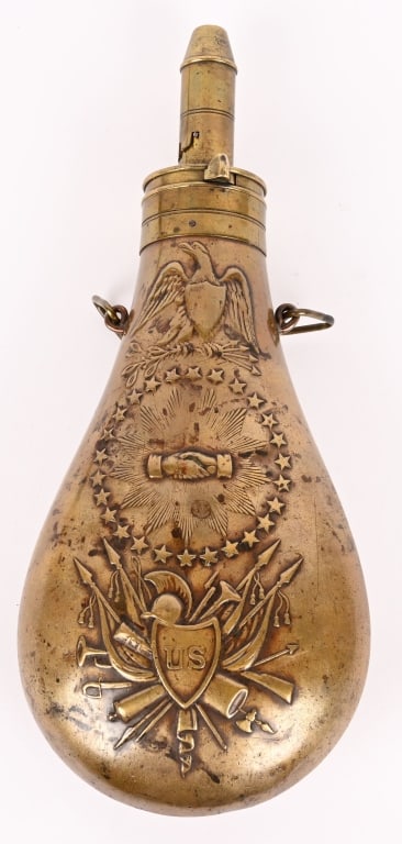 US MEXICAN WAR 1846 DATED AMES PEACE FLASK: US Issue Peace Flask, N.P. Ames 1846 Complete and original with triangular suspension rings. Body is in near perfect condition with a nice mellow patina. Perfect seams, excellent markings, strong
